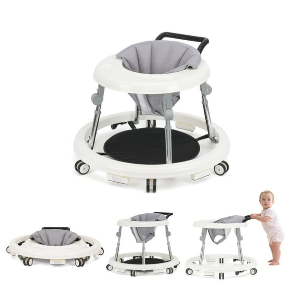 Baby Walker, Portable/Foldable/9 Adjustable Heights/with Wheels/Non-Slip Placement for 6-12 Months, White