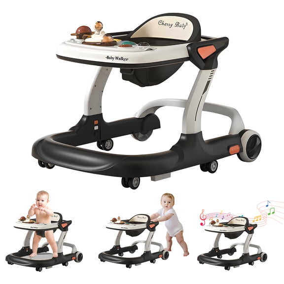 Baby Walker with Wheels and Music, 9-Level Height Adjustable Activity Center, Anti-Fall Safety Design, Foot Pads, Lights and Interactive Play Features for Babies Blcak