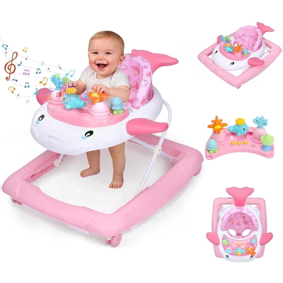 Pioncrey Baby Walker & Activity Center W/ Music & Lights,3 Adjustable Height, Anti-Rollover & Foldable for Infant Boy and Girl 6-18 Months,Pink Print