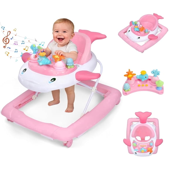 Pioncrey Baby Walker & Activity Center W/ Music & Lights,3 Adjustable Height, Anti-Rollover & Foldable Design for Infant Boy and Girl 6-18 Months,Pink