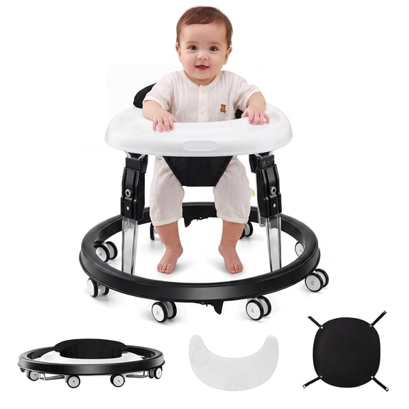 Baby Walker for 6-18 Months, Anti-Tip Wheels, Removable Toy Tray,One-Touch Fold, Baby Activity Center for Newborn and Toddler,Black