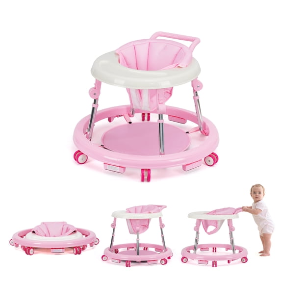Baby Walker for 6-18 Months - One-Touch Foldable Design, 9 Adjustable Heights, Non-Slip Wheels with Removable Activity Tray, pink