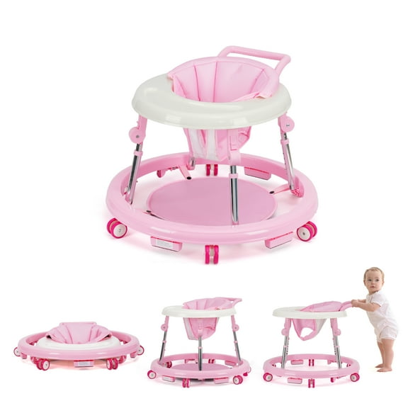 Baby Walker for 6-18 Months - One-Touch Folding, 9 Adjustable Heights, Non-Slip Wheels & Removable Activity Tray, Pink