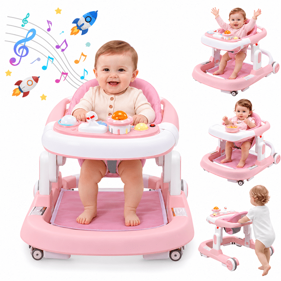 Baby Walker with Wheels, Adjustable Height, Music and Light for Girls Boys Infant 6-18 Months,Pink