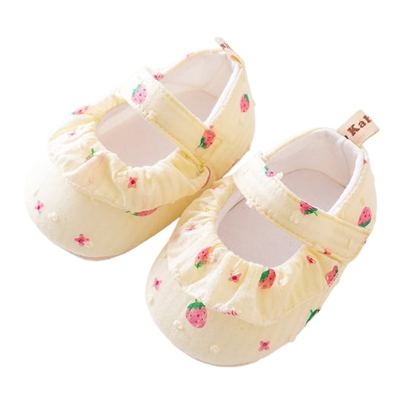 Baby Walking Shoes Size 0-6 Months Strawberry Prints Soft Non Floor Flats Comfort Lightweight Elastic First Birthday Yellow Boots