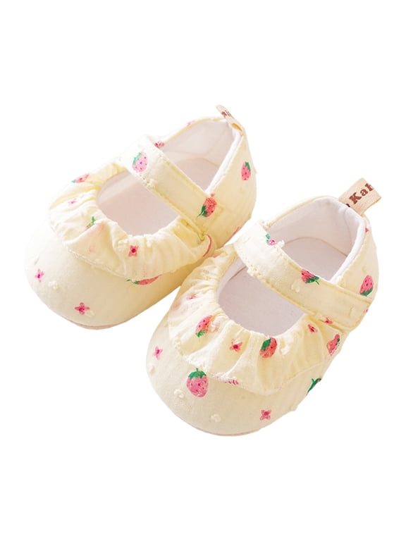 Baby Walking Shoes Size 0-6 Months Strawberry Prints Soft Non Floor Flats Comfort Lightweight Elastic First Birthday Yellow Boots