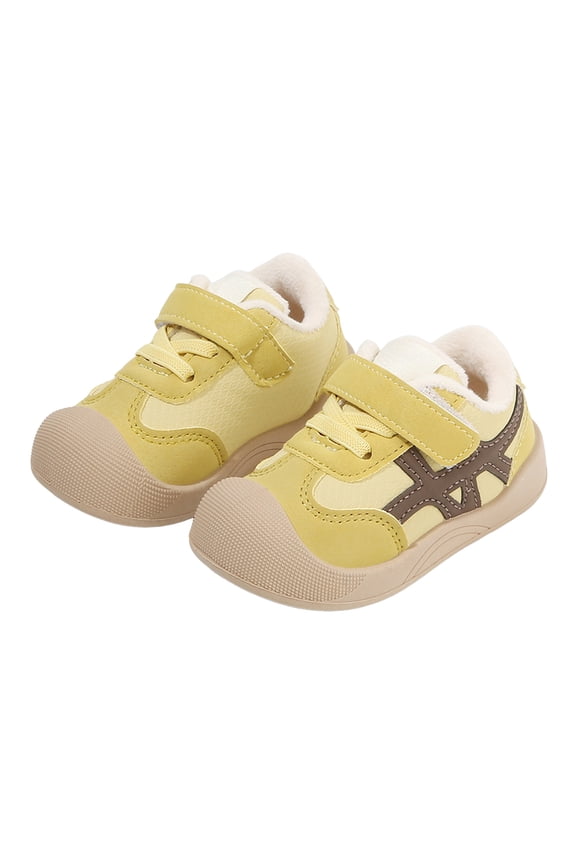 Baby Walking Shoes Toddler Boys Girls Wide Toe Box Barefoot Shoes Winter Warm Furry Lined Fashion Sneakers Color Block Comfortable Soft Sole Flat Shoes Yellow 8 Toddler