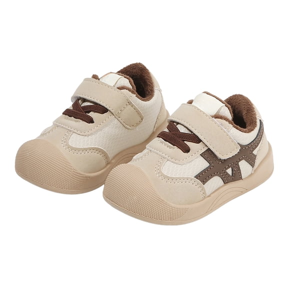 Baby Walking Shoes Toddler Boys Girls Wide Toe Box Barefoot Shoes Winter Warm Furry Lined Fashion Sneakers Color Block Comfortable Soft Sole Flat Shoes Khaki 6.5 Toddler