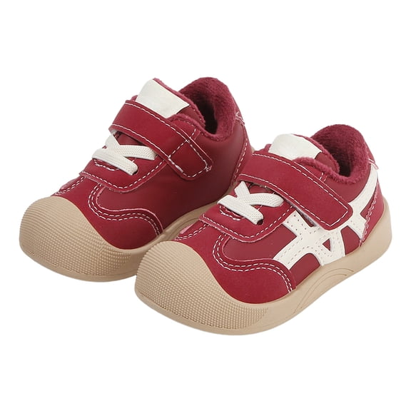 Baby Walking Shoes Toddler Boys Girls Wide Toe Box Barefoot Shoes Winter Warm Furry Lined Fashion Sneakers Color Block Comfortable Soft Sole Flat Shoes Brick Red 4.5 Infant