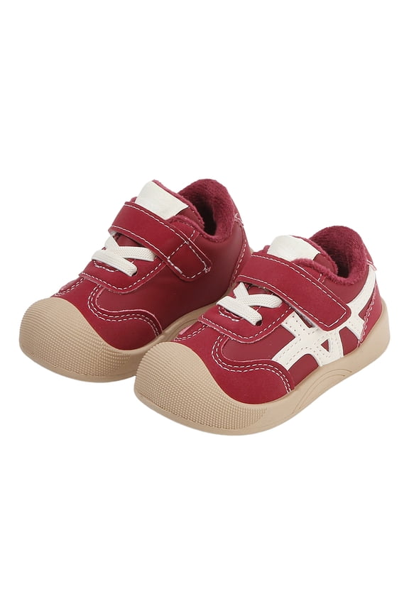 Baby Walking Shoes Toddler Boys Girls Wide Toe Box Barefoot Shoes Winter Warm Furry Lined Fashion Sneakers Color Block Comfortable Soft Sole Flat Shoes Brick Red 8.5 Toddler