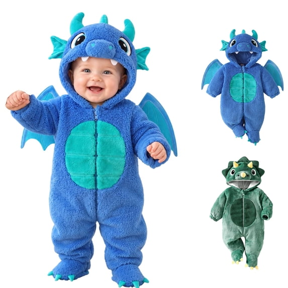 Baby Warm Long Sleeve Hooded Jumpsuit Dinosaur Costume Infant Baby Clothes Halloween Party Clothes Kids Halloween Costumes Size 0-12 Months