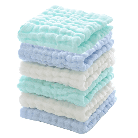 Baby Washcloths 6 Pack Muslin Baby Face Towels Soft for Newborn Cotton Wash Cloth Set for Baby Body Skin Baby Registry as Shower 11x11 inches (Blue)