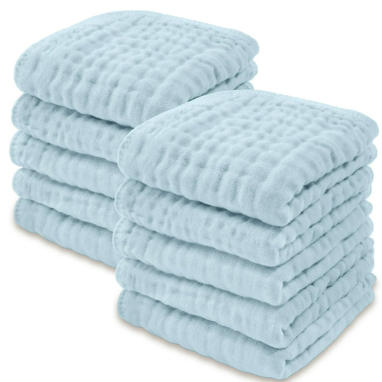 Baby Washcloths Muslin Cotton Baby Towels Large 10 x10 Wash Cloths Soft on Sensitive Skin Absorbent for Boys Girls Newborn Baby Toddlers Essentials Shower Registry Sky Blue Pack of 10