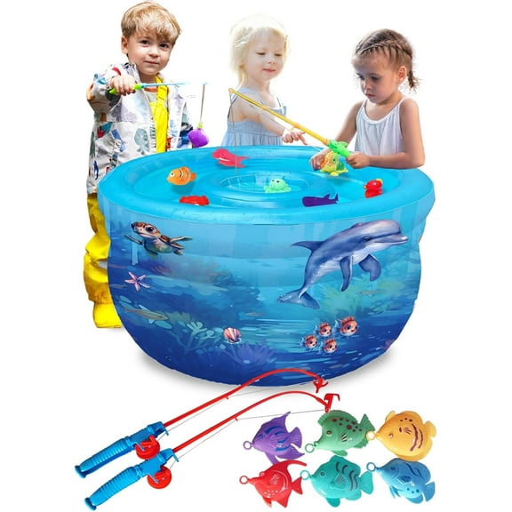 Baby Water Table, Kids Outdoor Water Table, Toddler Outside Inflatable Activity Playset with Fishing Game Pole & Toys for Toddlers, Splash Pond for Summer, 9 Piece Outdoor Toy Set