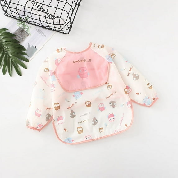 Baby Waterproof Bibs Long Sleeve Pocket Infant Cute Colorful Cartoon Printing Feeding Burp Cloths Baby Eating Accessories (L (42-54m),Small Owl)