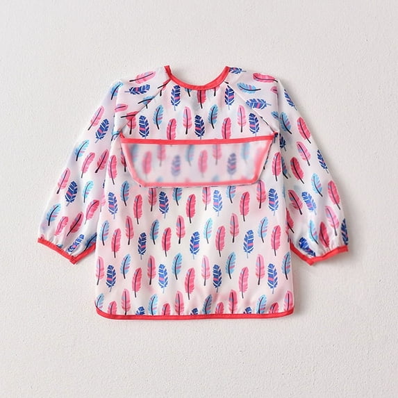 Baby Waterproof Bibs Long Sleeve Pocket Infant Cute Colorful Cartoon Printing Feeding Burp Cloths Baby Eating Accessories (L (42-54m),Colorful feathers)