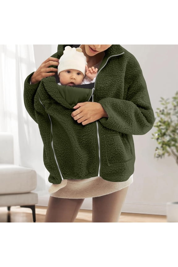 Baby Wearing Jacket Maternity Winter Clothes Maternity Coats for Women Women Fleece Zip Up 2 In 1 Baby Wearing Jacket Maternity Winter Coat Thicken Kangaroo Sweatshirt, Army Green-L