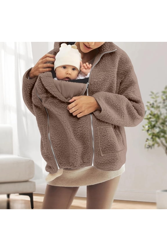 Baby Wearing Jacket Maternity Winter Clothes Maternity Coats for Women Women Fleece Zip Up 2 In 1 Baby Wearing Jacket Maternity Winter Coat Thicken Kangaroo Sweatshirt, Camel-M
