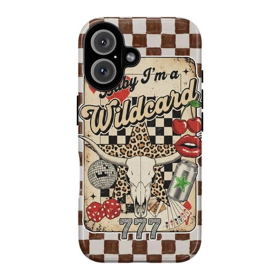 Baby I'm a Wildcard Phone Case, Brown Checkerboard Western Cowgirl Collage Longhorn Disco Leopard Cover for iPhone 17 16 15 14 13 12 11 Plus Pro Max Mini