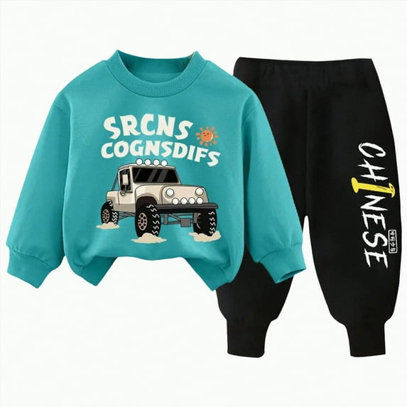 Baby Winter Clothes Kids Boys Autumn Prints Long Sleeve Elastic Waist 6 12 18 24 Months 2T 3T 4T Pullover Sweatshirt Top Pants Set 2Pcs