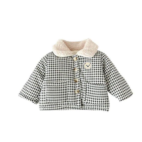 Baby Winter Coat Collared Plaid Print Fleece Lined Button Up Puffer Jacket with Pocket for Toddler Boys Girls (0 Months, Black)