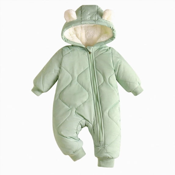 Baby Winter Fleece Lined Romper Bear Ear Hooded Quilted Snowsuit Full Zipper Warm Jumpsuit Outfit