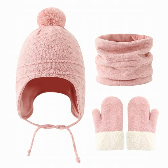 Baby Winter Hat Scarf Gloves Set 3-Piece, Tie Closure Fleece Lined Beanie with PomPom Neck Warmer Mittens, Thermal Knit Accessories for Infants Toddlers Boys Girls Cold Weather Protection Pink