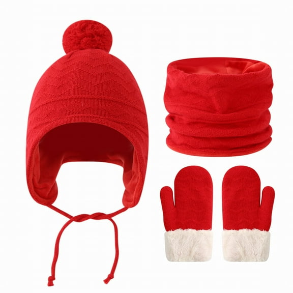 Baby Winter Hat Scarf Gloves Set 3-Piece, Tie Closure Fleece Lined Beanie with PomPom Neck Warmer Mittens, Thermal Knit Accessories for Infants Toddlers Boys Girls Cold Weather Protection Red