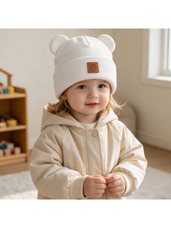 Baby Winter Hats Warm Solid Color Bear Ear Knit Hat Ribbed Knit Cap Soft Stretch Fabric for Infant Daily Walk
