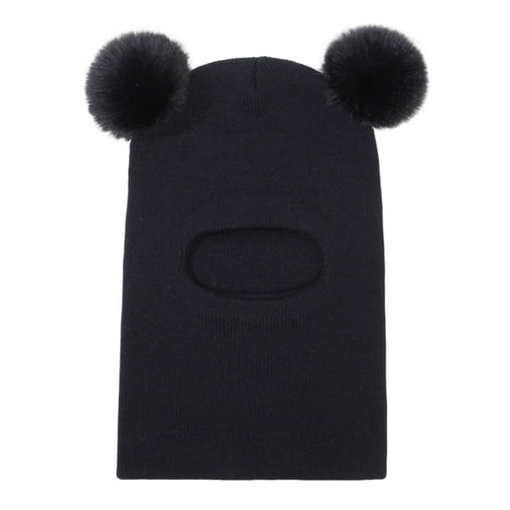 Baby Winter Knit Hat with Soft Pom Poms, Toddler Pullover Style Beanie with Integrated Neck Warmer, Cute Animal Ear Design Fleece Lined Cap for Infants and Kids Cold Weather Protection - Black
