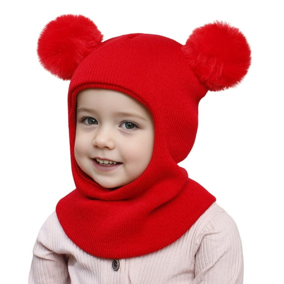 Baby Winter Knit Hat with Soft Pom Poms, Toddler Pullover Style Beanie with Integrated Neck Warmer, Cute Animal Ear Design Fleece Lined Cap for Infants and Kids Cold Weather Protection - Red