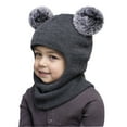 thumbnail image 1 of Baby Winter Knit Hat with Soft Pom Poms, Toddler Pullover Style Beanie with Integrated Neck Warmer, Cute Animal Ear Design Fleece Lined Cap for Infants and Kids Cold Weather Protection - Dark Gray, 1 of 5