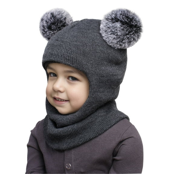 Baby Winter Knit Hat with Soft Pom Poms, Toddler Pullover Style Beanie with Integrated Neck Warmer, Cute Animal Ear Design Fleece Lined Cap for Infants and Kids Cold Weather Protection - Dark Gray