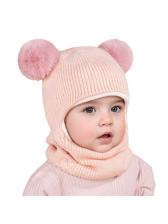Baby Winter Knit Hat with Soft Pom Poms, Toddler Pullover Style Beanie with Integrated Neck Warmer, Cute Animal Ear Design Fleece Lined Cap for Infants and Kids Cold Weather Protection - Pink