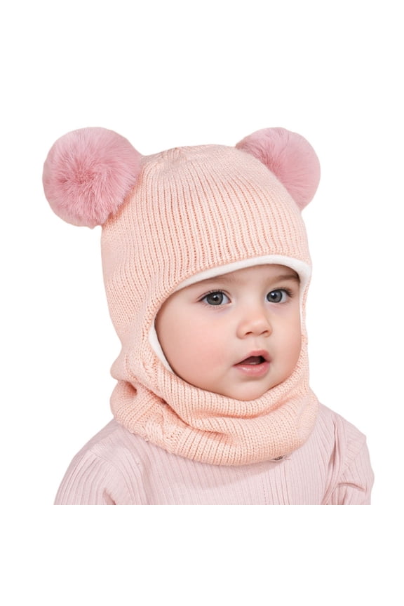Baby Winter Knit Hat with Soft Pom Poms, Toddler Pullover Style Beanie with Integrated Neck Warmer, Cute Animal Ear Design Fleece Lined Cap for Infants and Kids Cold Weather Protection - Pink