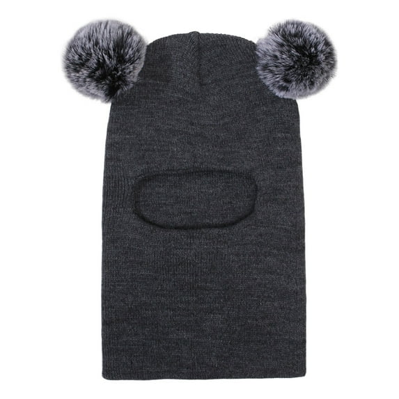 Baby Winter Knit Hat with Soft Pom Poms, Toddler Pullover Style Beanie with Integrated Neck Warmer, Cute Animal Ear Design Fleece Lined Cap for Infants and Kids Cold Weather Protection - Dark Gray