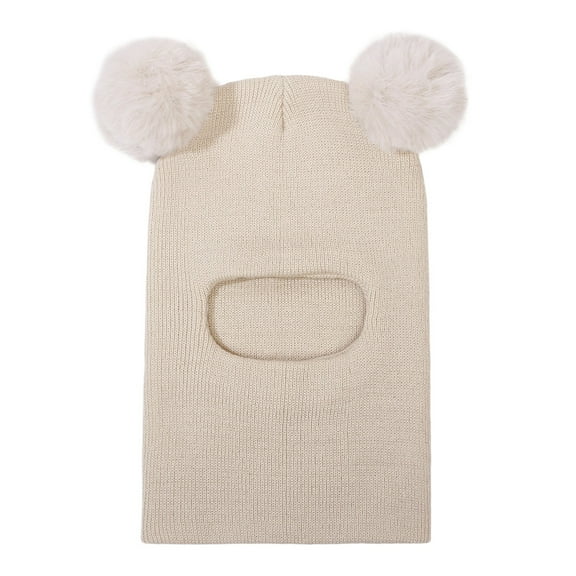 Baby Winter Knit Hat with Soft Pom Poms, Toddler Pullover Style Beanie with Integrated Neck Warmer, Cute Animal Ear Design Fleece Lined Cap for Infants and Kids Cold Weather Protection - Beige