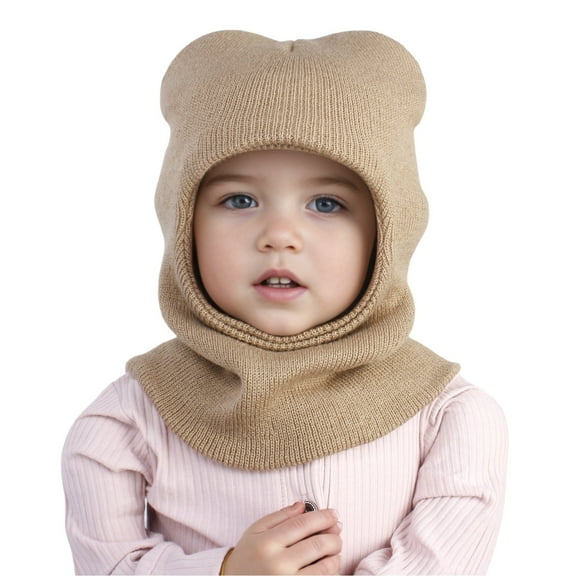 Baby Winter Knit Hat, Toddler Pullover Style Beanie with Integrated Neck Warmer, Warm Fleece Lined Cap for Cold Weather, Solid Color Ear Protection for Infants and Kids - Khaki