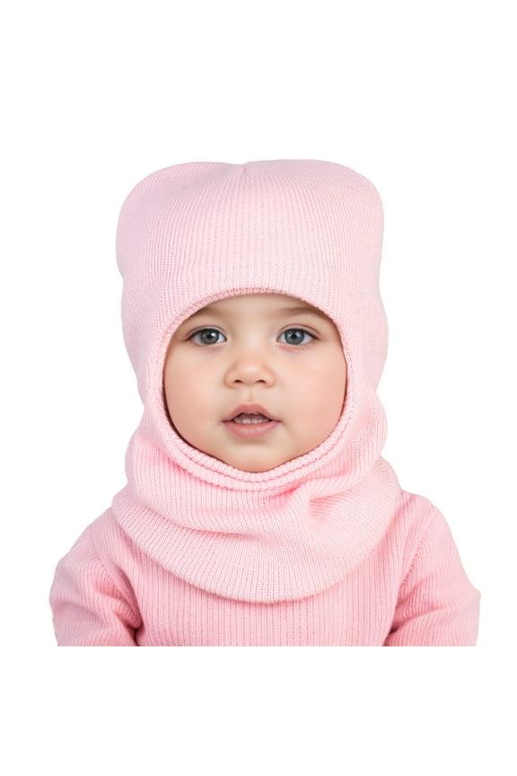 Baby Winter Knit Hat, Toddler Pullover Style Beanie with Integrated Neck Warmer, Warm Fleece Lined Cap for Cold Weather, Solid Color Ear Protection for Infants and Kids - Pink