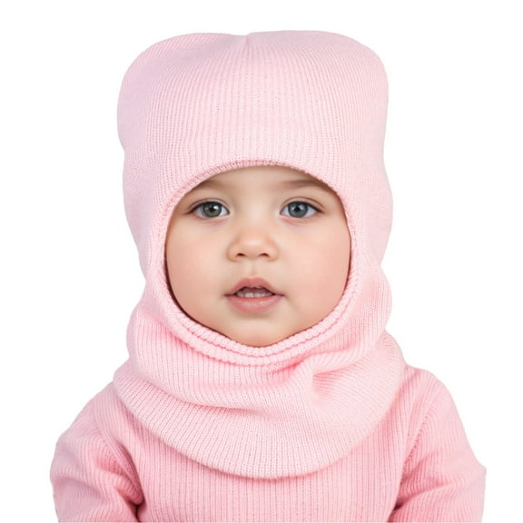 Baby Winter Knit Hat, Toddler Pullover Style Beanie with Integrated Neck Warmer, Warm Fleece Lined Cap for Cold Weather, Solid Color Ear Protection for Infants and Kids - Pink