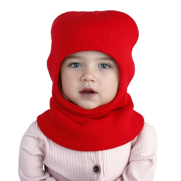 Baby Winter Knit Hat, Toddler Pullover Style Beanie with Integrated Neck Warmer, Warm Fleece Lined Cap for Cold Weather, Solid Color Ear Protection for Infants and Kids - Red