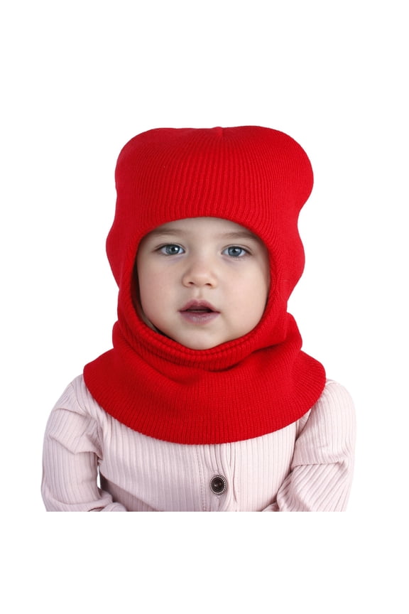 Baby Winter Knit Hat, Toddler Pullover Style Beanie with Integrated Neck Warmer, Warm Fleece Lined Cap for Cold Weather, Solid Color Ear Protection for Infants and Kids - Red