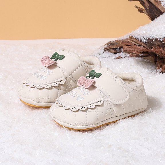Baby Winter Shoes with Love Embroidery, Fleece Lined Magic Strap Anti-Slip Soft Sole Footwear for Infants