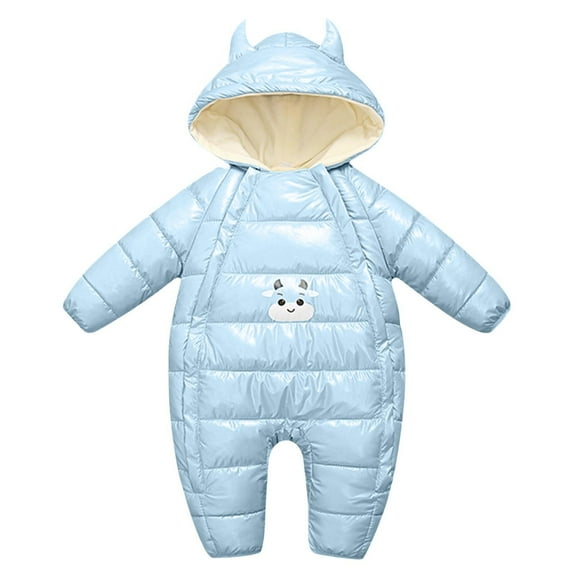 Baby Winter Snowsuit Boys Fleece Lined Ski Suit Girls Cow Ear Hooded Long Sleeve Jumpsuit Cute Cold Weather Outerwear, Light Blue, 0 Months