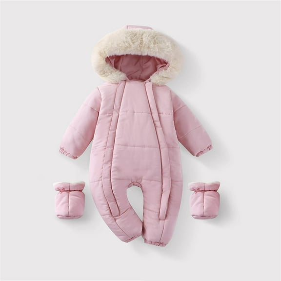 Baby Winter Snowsuit Toddler Fleece Romper Hooded Jumpsuit Infant Boys Girls Warm Zipper Outerwear with Foot Cover Pink 1-2 Years