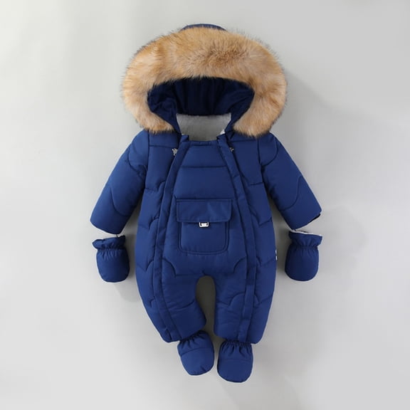 Baby Winter Snowsuit Toddler Fleece Romper Hooded Jumpsuit Infant Boys Girls Warm Zipper Outerwear with Gloves Navy 12-18 Months