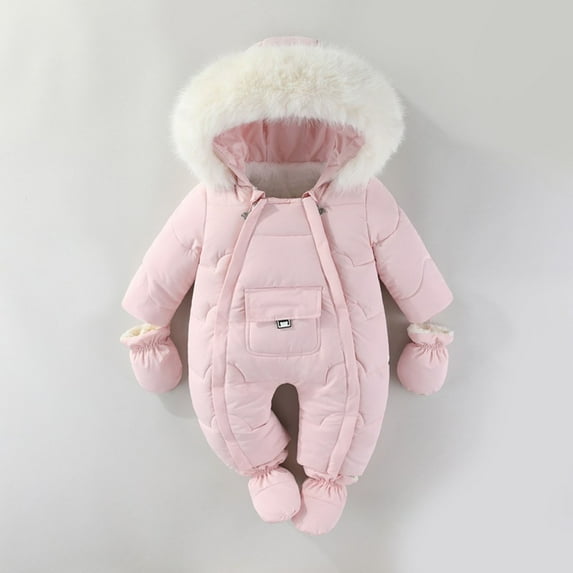 Baby Winter Snowsuit Toddler Fleece Romper Hooded Jumpsuit Infant Boys Girls Warm Zipper Outerwear with Gloves Pink 6-9 Months