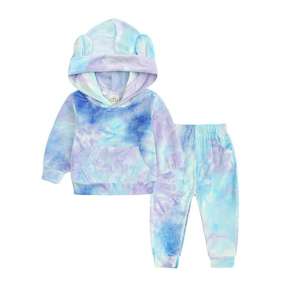 Baby Winter Tops Newborn Infant Baby Boys Girls Tie-Dyed Hooded Winter Sweatshirt Pants Outfits Toddler Baby Girls Long Sleeve Tops Blue 80