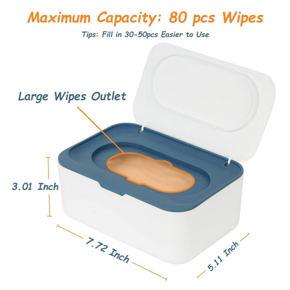Baby Wipes Dispenser, Baby & Adult Wipe Holder, Dustproof Large Capacity Refillable Wipe Container, Keeps Wipes Fresh, One-Handed Operation. Non-Slip, Easy Open/Close Wipes Pouch Case, Blue