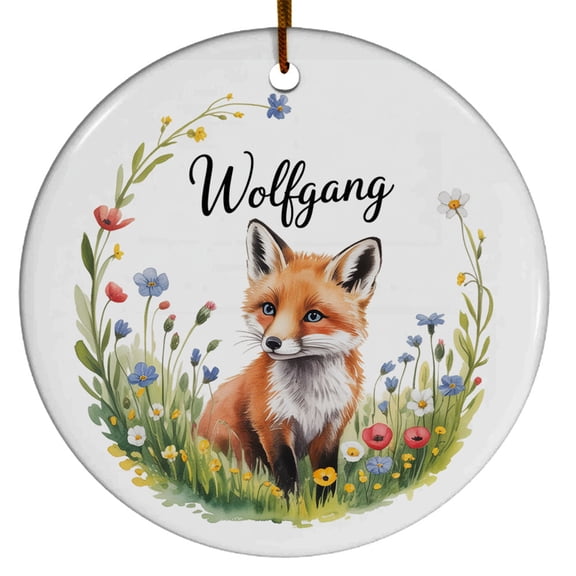 Baby Wolf Christmas Ornament 2025 - Customized Name Xmas Gift for Children, Kids, Girls, Animal Lovers - Cute Flowers Wolf Christmas Ornament for Tree, Circle Christmas Ornament